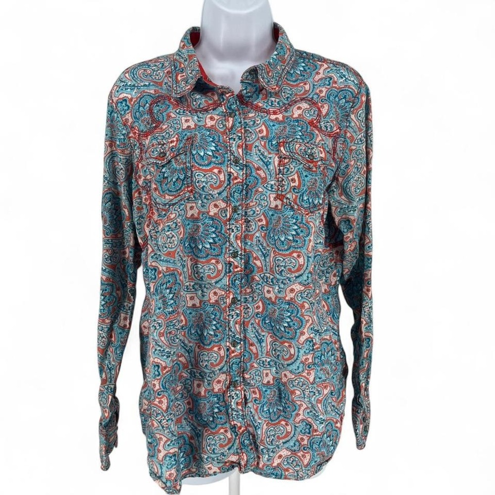 Ariat Women's XL Western Paisley Snap Button Shirt Red Teal Cotton